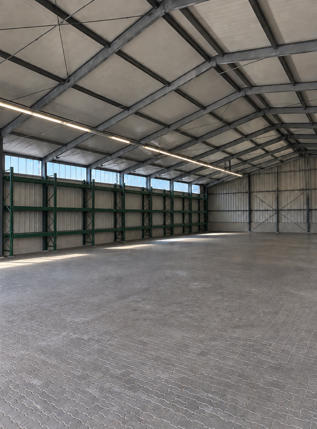Leere Lagerhalle von Knobloch mit Palettenregalen an der Seitenwand